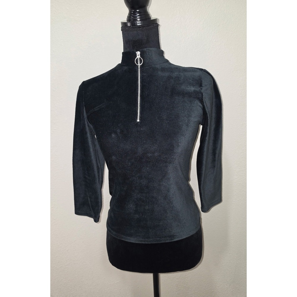 Black Ribbed Velvet Quarter Zip Mock Neck Top 3/4 Sleeve Small
